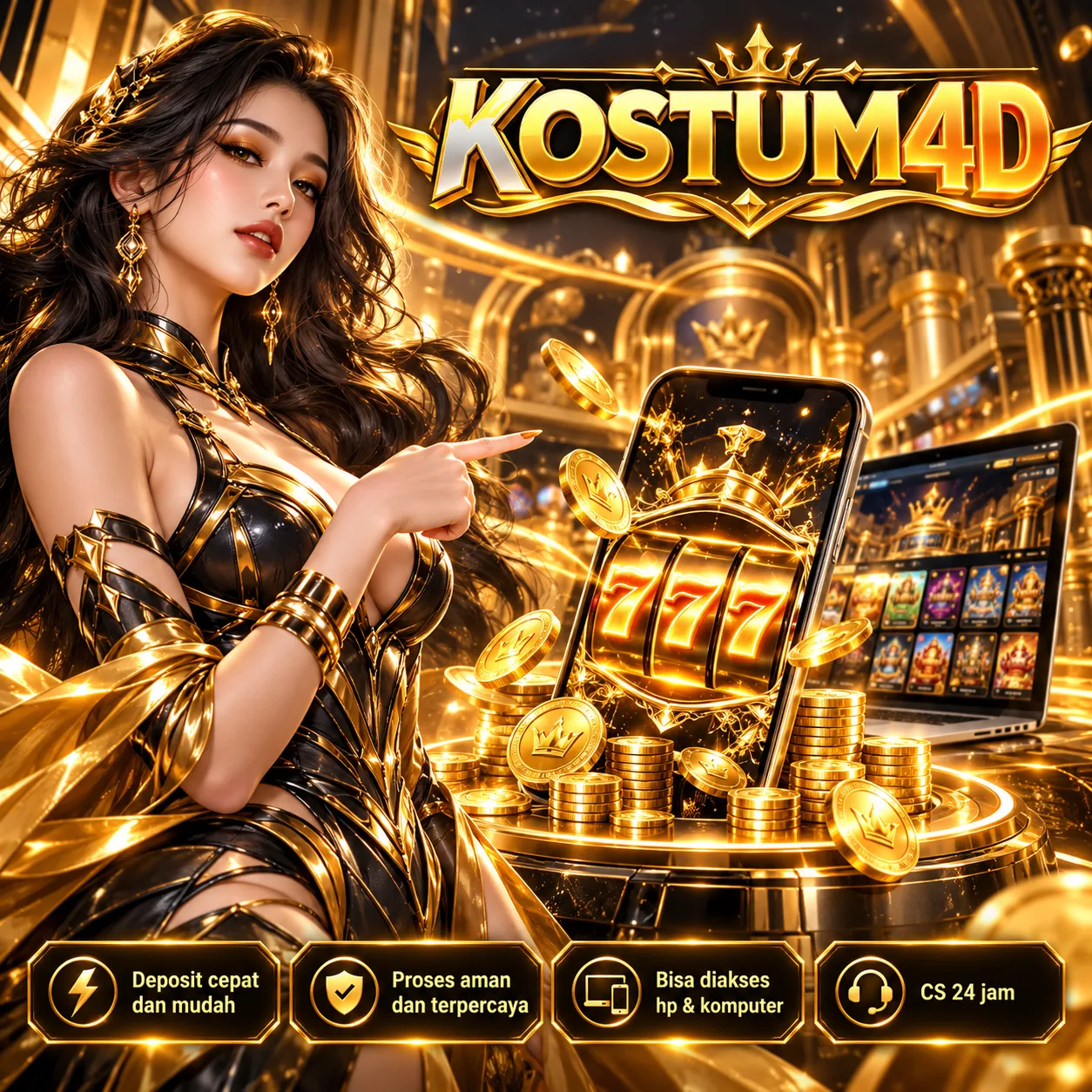 Ilustrasi KOSTUM4D bernuansa emas untuk Panduan Jalur Masuk KOSTUM4D dan Navigasi Akses Digital